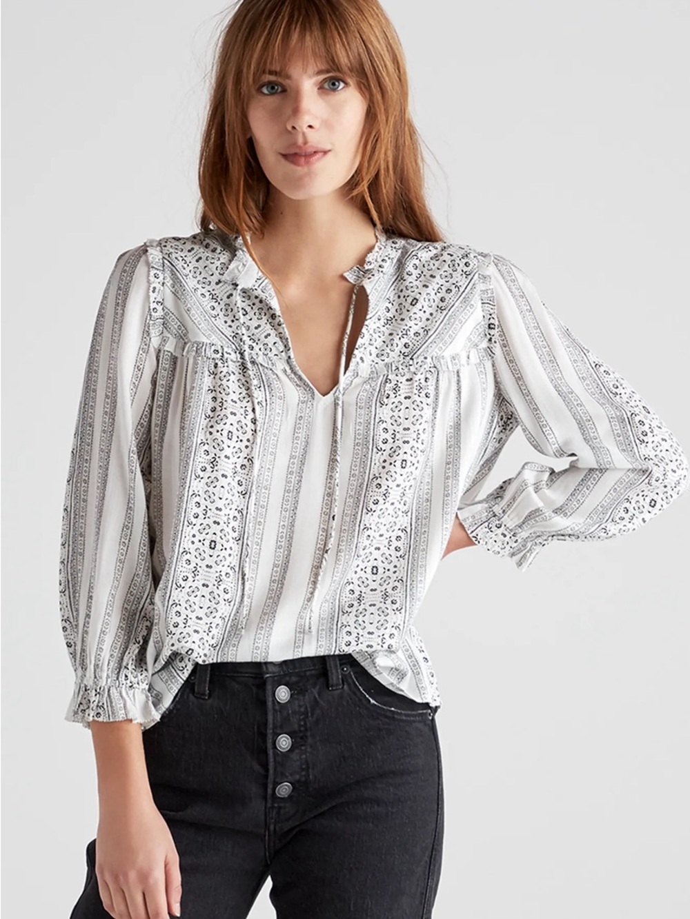 Lucky Brand Women's White Striped Daisy Border Print Peasant Blouse